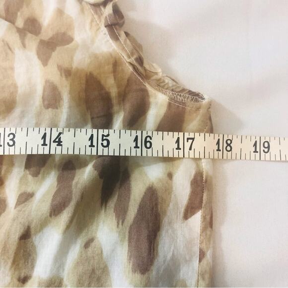 Ann Taylor Loft Tan Brown Animal Print Button Front Top Ruffled Sleeveless Bow - Picture 14 of 16
